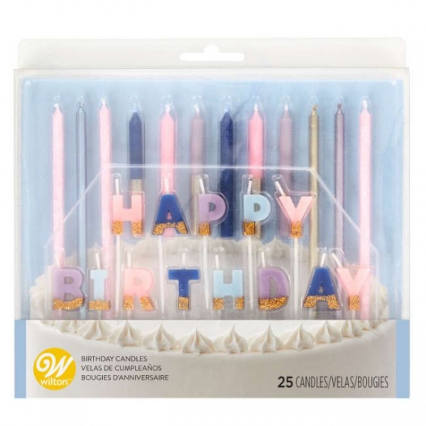 Kerzen Set - Happy Birthday / Pink Lila Blau Gold